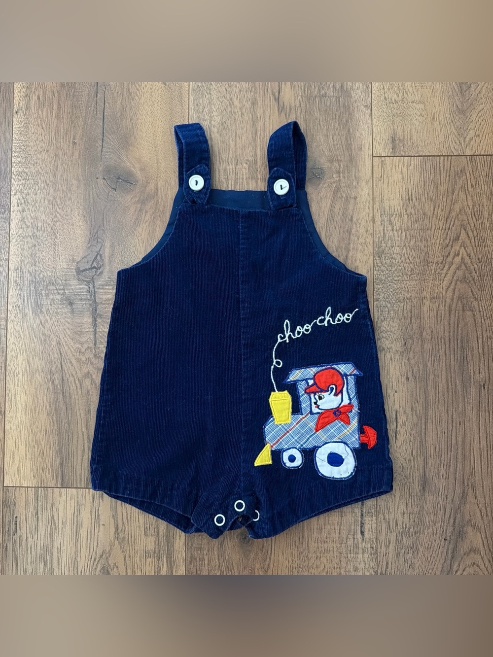 Vintage Navy Corduroy Shortalls with Train Appliqué